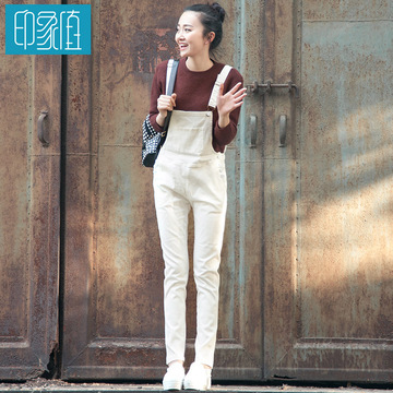 印象值2016春季新款白色韩版牛仔背带裤女装宽松显瘦连体裤学院风