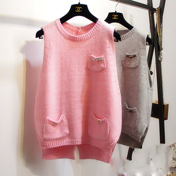 Y582春装新款 韩版宽松粉色口袋针织无袖背心套头毛衣