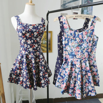 2015夏季新款甜美无袖吊带修身显瘦碎花连衣裙 纯棉蓬蓬裙吊带裙