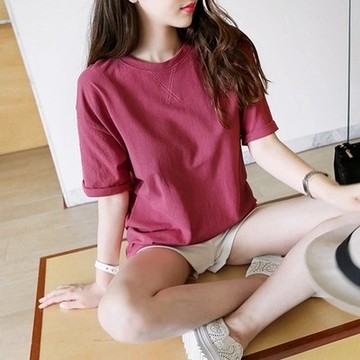 2016夏季新品纯色半袖女t桖纯棉圆领短袖t恤女修身单色打底衫大码