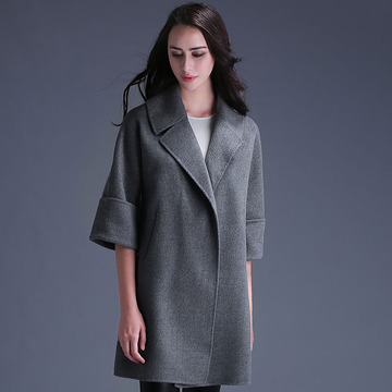 2015冬装新款女装羊毛毛呢外套七分袖中长款稻草朵正品服装112721