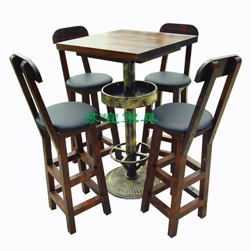 酒吧桌椅组合 高脚方桌PU高椅组合 实木桌椅 户外防腐桌椅套件