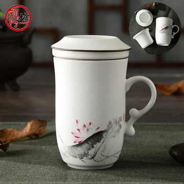 特价汝窑内胆陶瓷青瓷功夫创意手工手绘会议带把办公室泡茶杯过滤