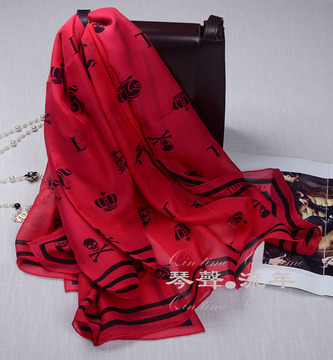 异兽骑士骷髅头 黑白红色雪纺真丝桑蚕丝110大方巾丝巾围巾