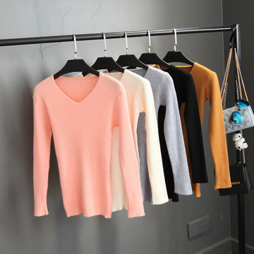 2015秋季新款韩版针织毛衣纯色打底衫短款V领女装修身显瘦朝