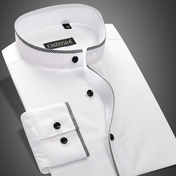 才子依佳春季新款男士长袖衬衫商务修身纯白色纯棉立领衬衣中国风