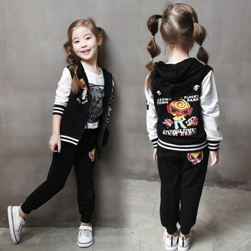 2016春秋季新款韩版童装儿童女童印花卡通休闲拉链外套儿童套装