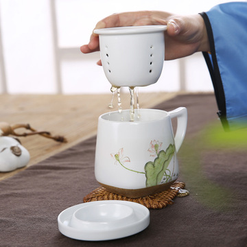 定窑功夫陶瓷青瓷内胆泡茶杯手工手绘会议带把带盖办公室茶杯过滤
