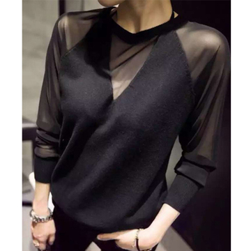 韩国代购东大门进口冬季新款气质显瘦露肩透视性感拼接长袖t恤女