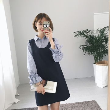 大码2016秋季韩版新款宽松学生裙子套装长袖衬衫背带连衣裙两件套