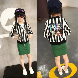 童装女童2015秋装日韩系列新款条纹衣服可爱卡通图案拉链上衣外套