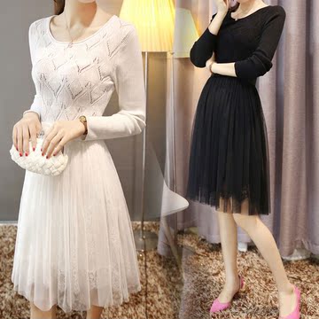 韩国代购正品2015秋季新款女装韩版针织网纱蕾丝长袖中长裙连衣裙