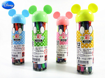 包邮桶装儿童水彩笔12色正品迪士尼绘画彩色画笔画画工具X0005