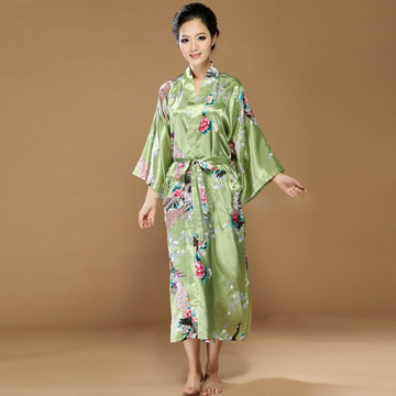 日式夏季睡袍仿真丝绸和服浴衣开衫袍孔雀女浴袍印花中长款家居服