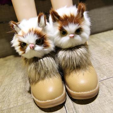 秋冬40码大码短靴舒适套筒女鞋圆头可爱猫头保暖雪地靴时尚女棉鞋