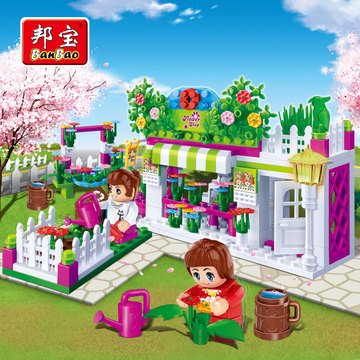 【小颗粒】邦宝媚力都市益智拼装积木女孩玩具花园小屋鲜花店6116