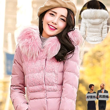 蕾丝棉衣女款2015冬装新款韩国中长款连帽大毛领修身加厚外套潮女