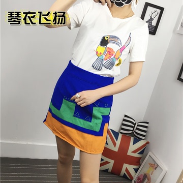 2016夏季新款女装韩版小清新啄木鸟刺绣T恤+A字包臀短裙套装