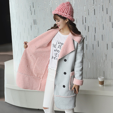 2015冬装新款韩版女装韩国羊毛呢毛鹿麂皮绒风衣中长长款外套夹克