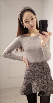 学生打底衫女长袖2015秋冬季韩版修身上衣一字领螺纹针织衫女T恤