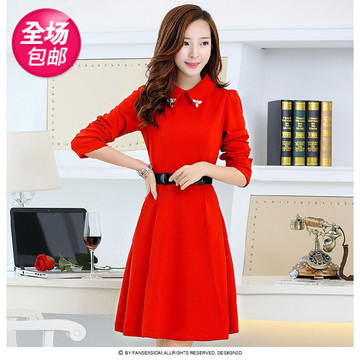 秋季新款女装韩版红色大码公主裙中长款显瘦打底时尚修身连衣裙潮