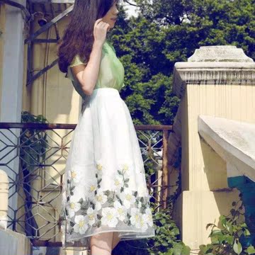 2015夏季新款女装高腰瘦身重工花朵刺绣欧根纱A字半身裙