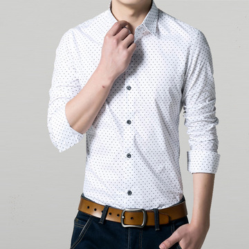 男士秋季长袖波点衬衫商务修身型纯棉新款白衬衣印花韩版大码男装