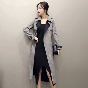 秋装新款 韩版女士气质中长款修身显瘦薄鹿皮绒风衣女外套潮