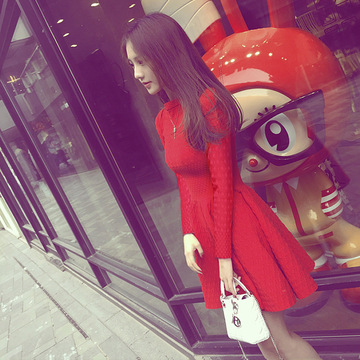 韩国代购2015秋装新款女装明星同款修身长袖打底裙气质红色连衣裙