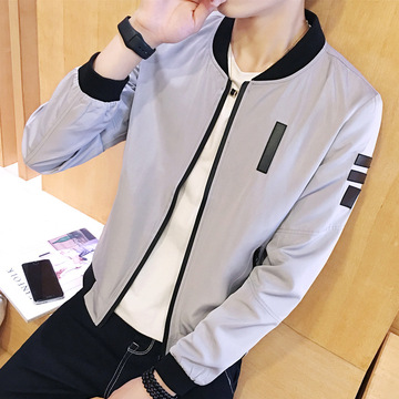 2016新款青年男装韩版立领带皮标志夹克男休闲外套时尚修身薄上衣