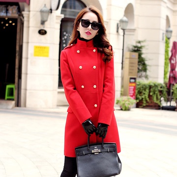 韩版新款2015冬季女式修身显瘦个性时尚立领长袖呢大衣女风衣外套