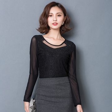 2015新款韩版网纱拼接修身蕾丝打底衫显瘦镶钻长袖T恤性感小衫潮
