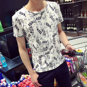 夏季男士短袖T恤 大码花纹图案休闲圆领个性男装半袖2016夏装潮