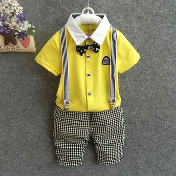 2015夏季新款男宝宝婴幼儿棉质短袖领结纯色衬衫格子背带裤套装