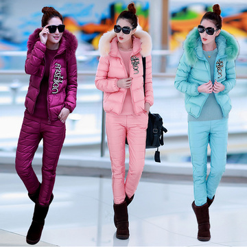 2015冬装新款韩版时尚修身棉衣外套女短款加厚羽绒棉服三件套装潮