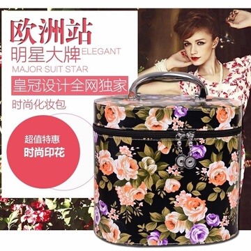 腾俊包袋新款圆桶印花化妆包韩国大容量手提化妆箱旅行洗漱收纳包