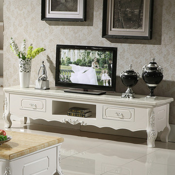 大理石电视柜欧式 客厅组合实木电视柜 白色描银简约套装