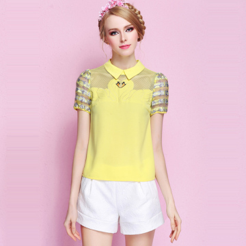 夏天短袖女t恤2015女装新款韩版娃娃领拼接镂空印花直筒衬衫上衣