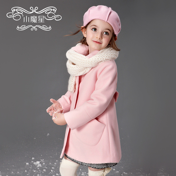 欧美童装2016秋冬新款女童外套韩版羊毛呢粉色中长款双排扣呢大衣