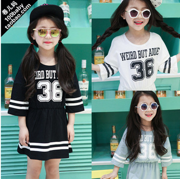童装2015女童夏季新款韩版衣服 字母可爱裙摆收腰短袖休闲连衣裙