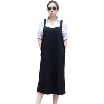 2015年夏季新款加肥加大码女装黑色宽松长裙连衣裙显瘦A字背带裙