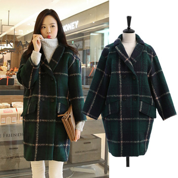 韩国新款加厚复古大格子羊毛呢外套西装宽松中长款呢子大衣女