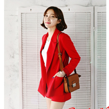韩国代购红色宽松西装套装OL复古双排扣外套+高腰阔腿瘦短裤