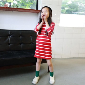 童装女童日韩系列2015秋季新款儿童条纹连帽长款卫衣连衣裙T恤潮