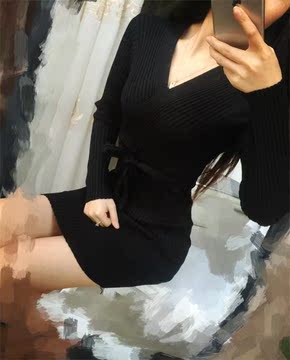 2015年秋冬新品韩版 名媛时尚V领绑带收腰针织打底连衣裙
