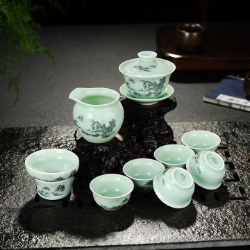 青瓷茶具手绘陶瓷整套茶具功夫茶具套装青花瓷盖碗茶杯特价包邮