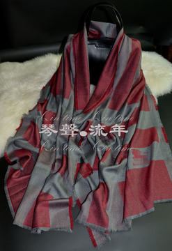 实用御寒级别 格子条纹 色织米驼暗红灰白真丝羊绒长披肩围巾 　