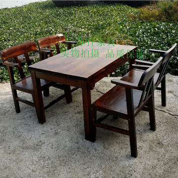 实木桌椅套件 定制碳化色松木休闲桌椅 户外庭院农家乐餐桌椅组合