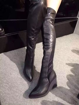 欧洲站2015秋冬新款女靴弹力布显瘦过膝真皮长靴尖头高跟坡跟靴潮