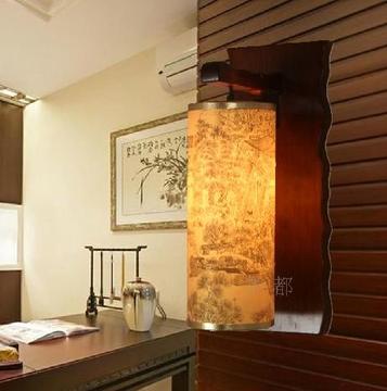 现代中式壁灯仿古典实木壁灯楼梯灯客厅卧室床头灯阳台羊皮过道灯